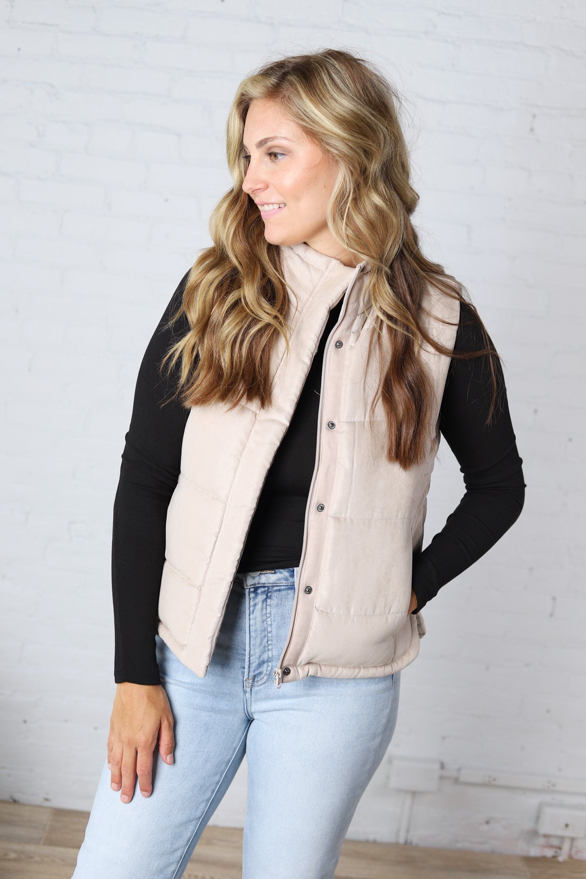 Ainsly Suede-Like Puffer Vest - Beige