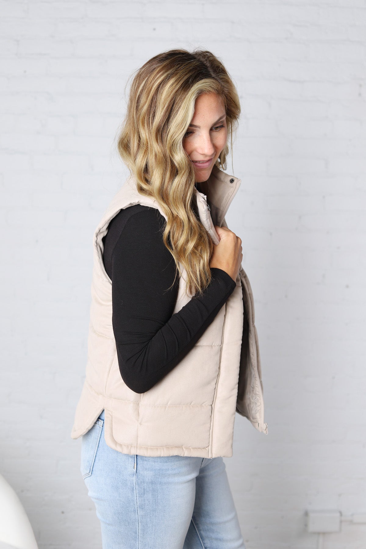 Ainsly Suede-Like Puffer Vest - Beige