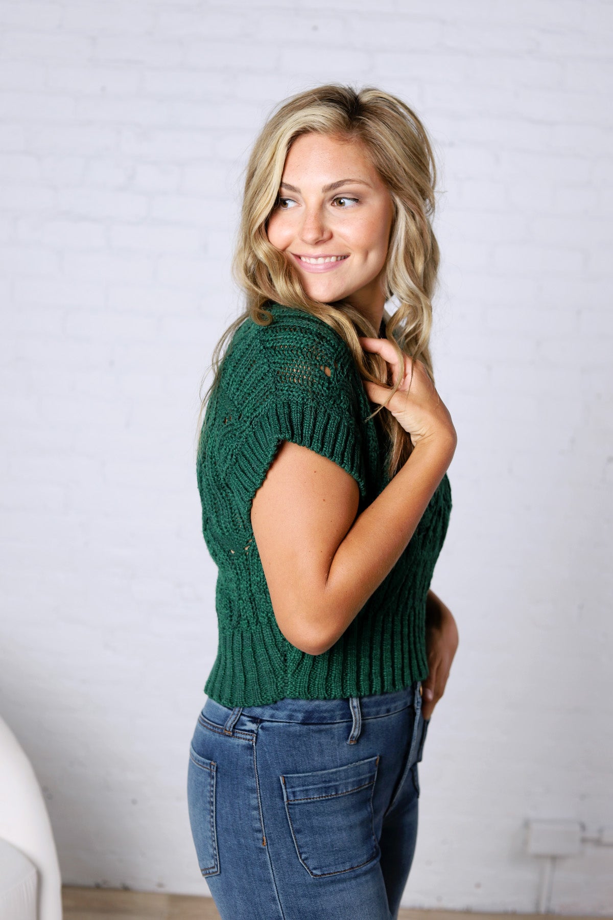 Azaria Cable Knit Short Sleeve Sweater - Hunter Green