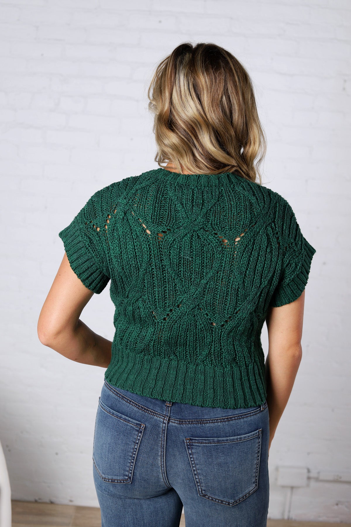 Azaria Cable Knit Short Sleeve Sweater - Hunter Green