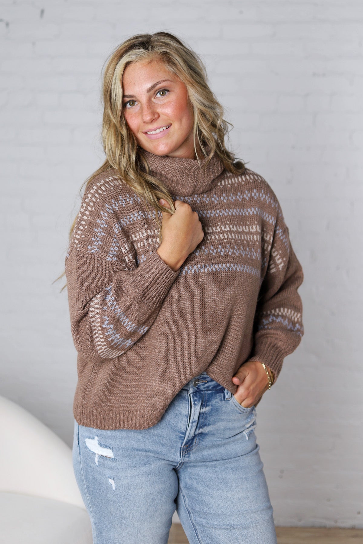 Brexley Fair Isle Cowl Neck Sweater - Brown