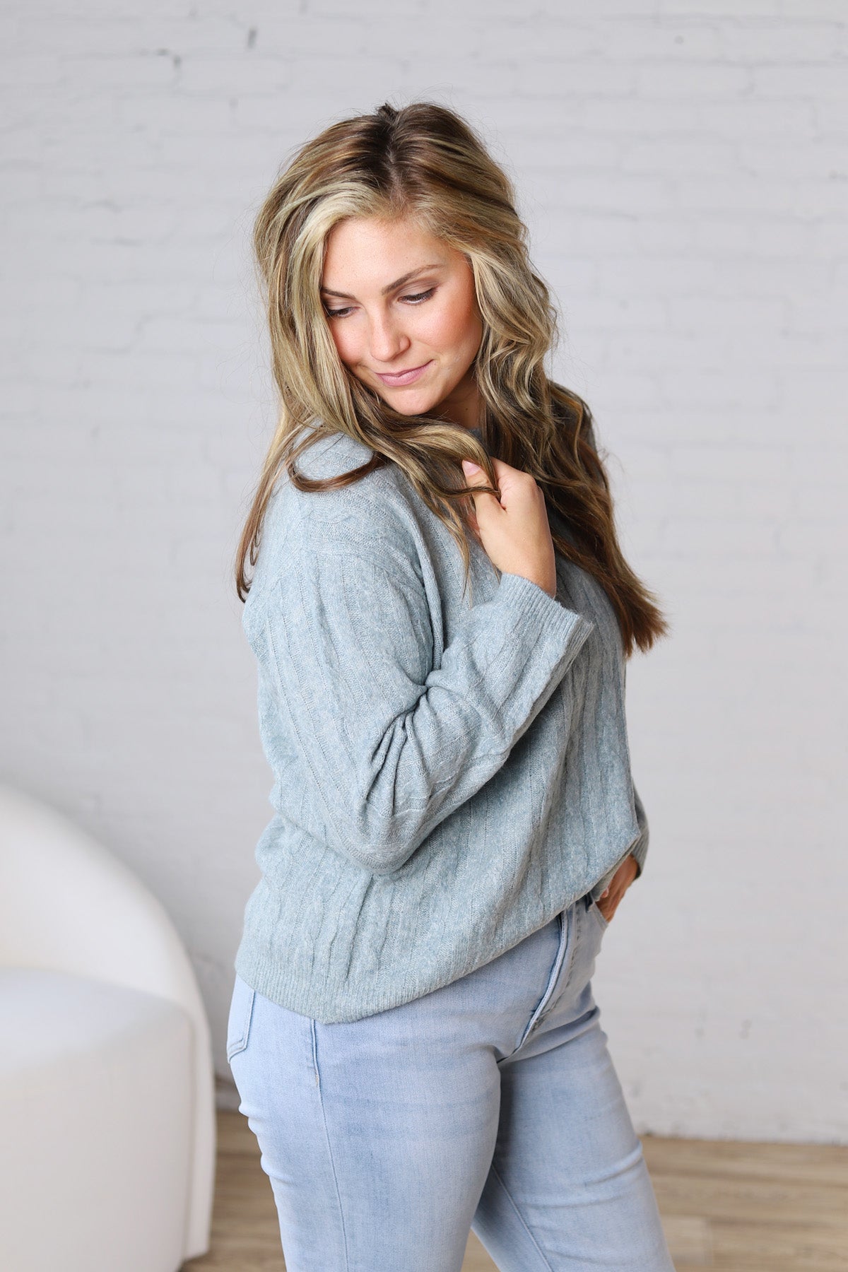 Brinlee Oversized Boy Cut Cable Knit Sweater - Blue