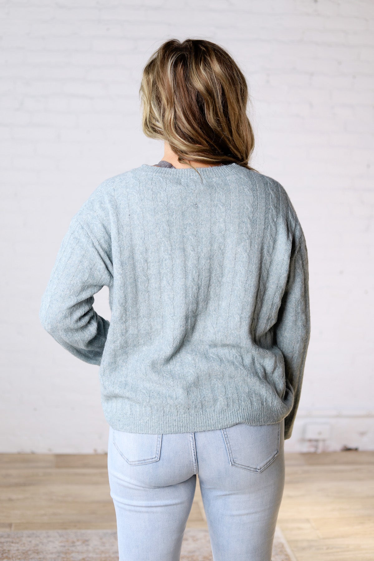 Brinlee Oversized Boy Cut Cable Knit Sweater - Blue