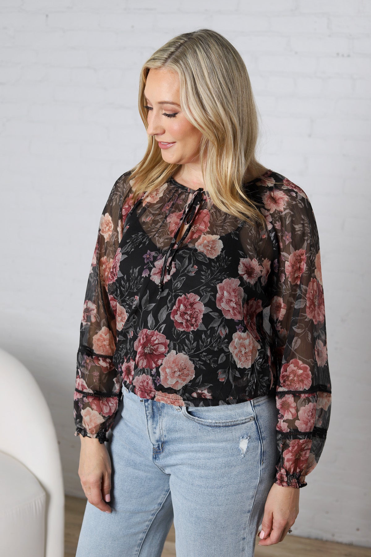 Bronte Sheer Floral Smocked Tie Blouse