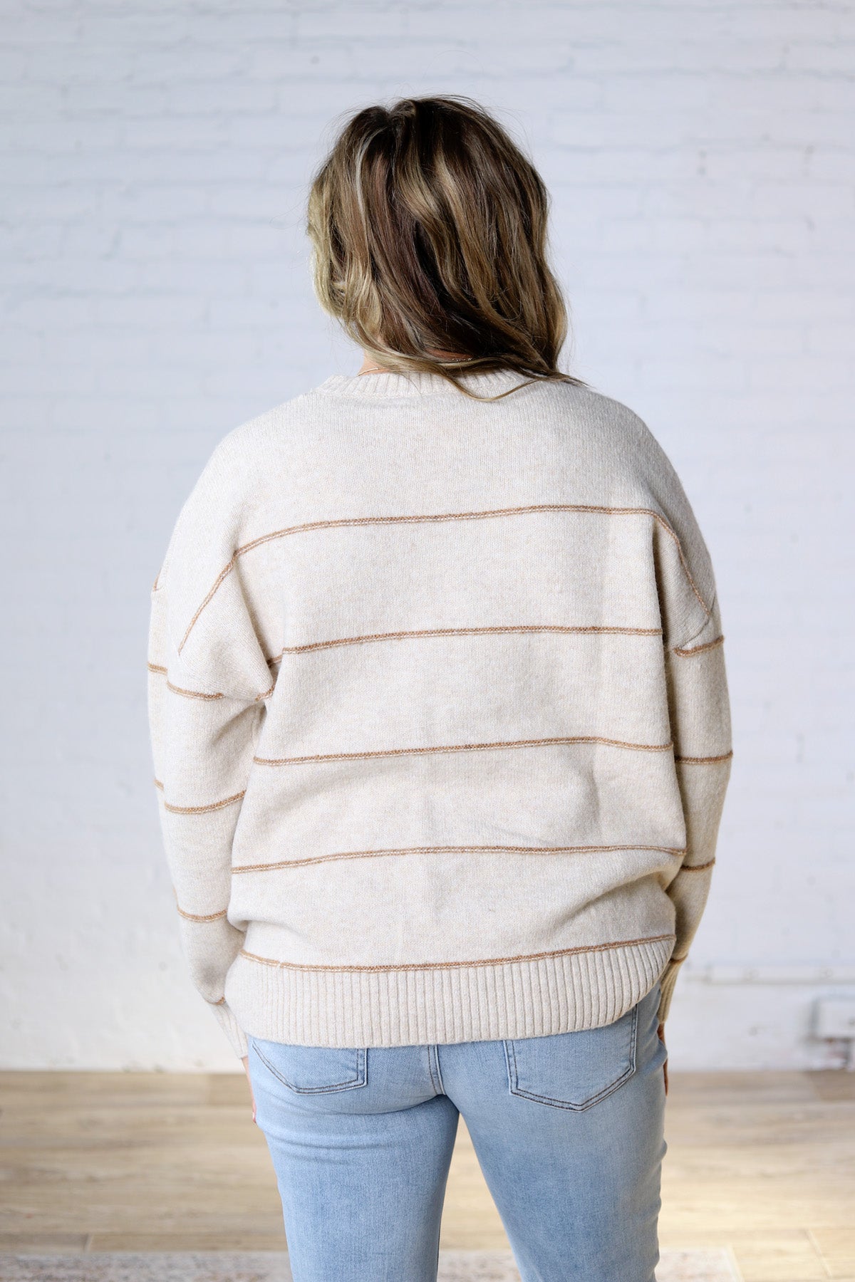 Catori Striped Pattern Drop Shoulder Sweater - Taupe