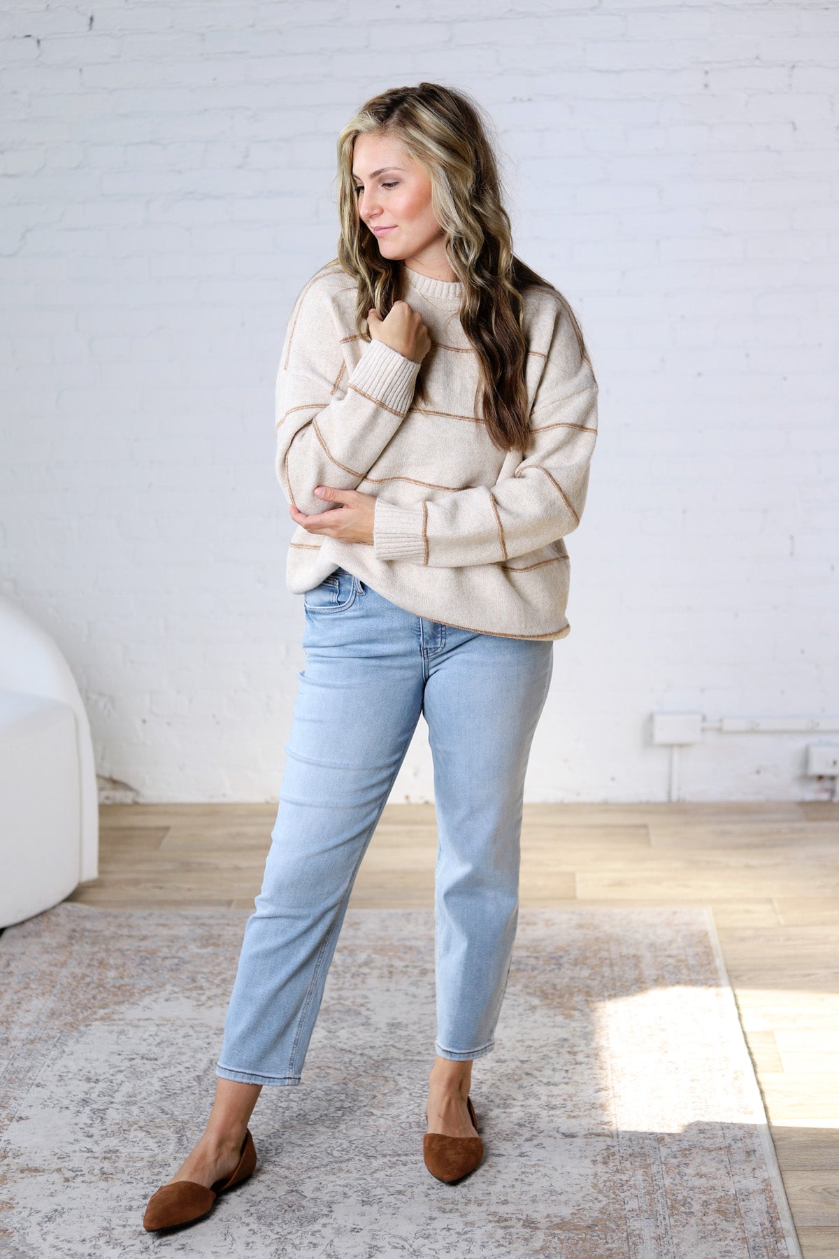 Catori Striped Pattern Drop Shoulder Sweater - Taupe