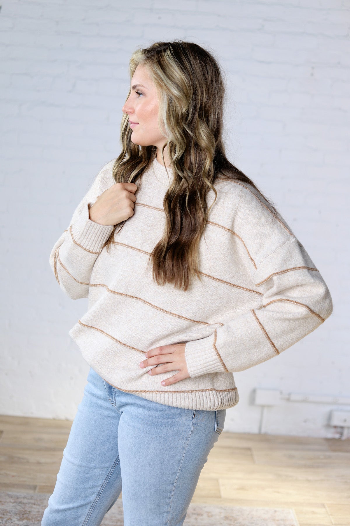 Catori Striped Pattern Drop Shoulder Sweater - Taupe