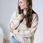 Catori Striped Pattern Drop Shoulder Sweater - Taupe