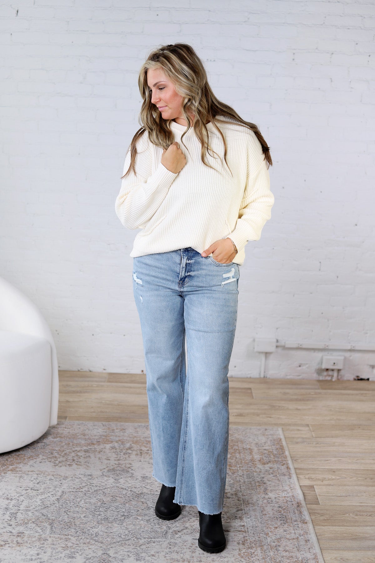 Daria Ribbed Knit Exposed-Seam Sweater - Cream