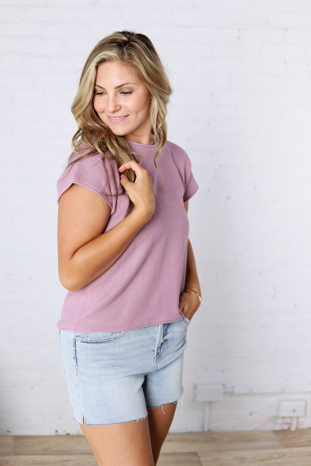 Delara Boxy Short Sleeve Sweater Top - Violet