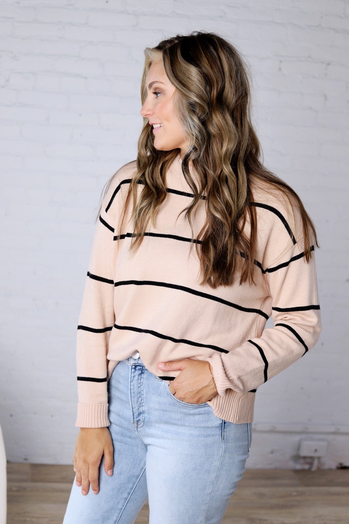 Elarae Stripe Crew Neck Sweater - Oatmeal/Black