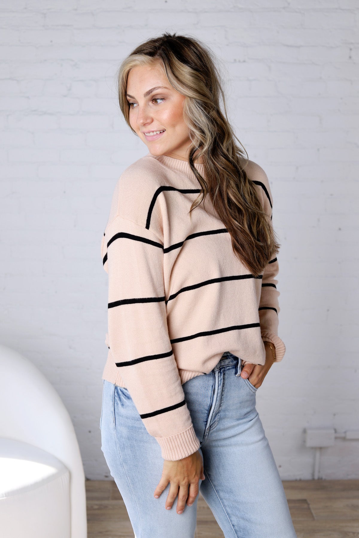 Elarae Stripe Crew Neck Sweater - Oatmeal/Black