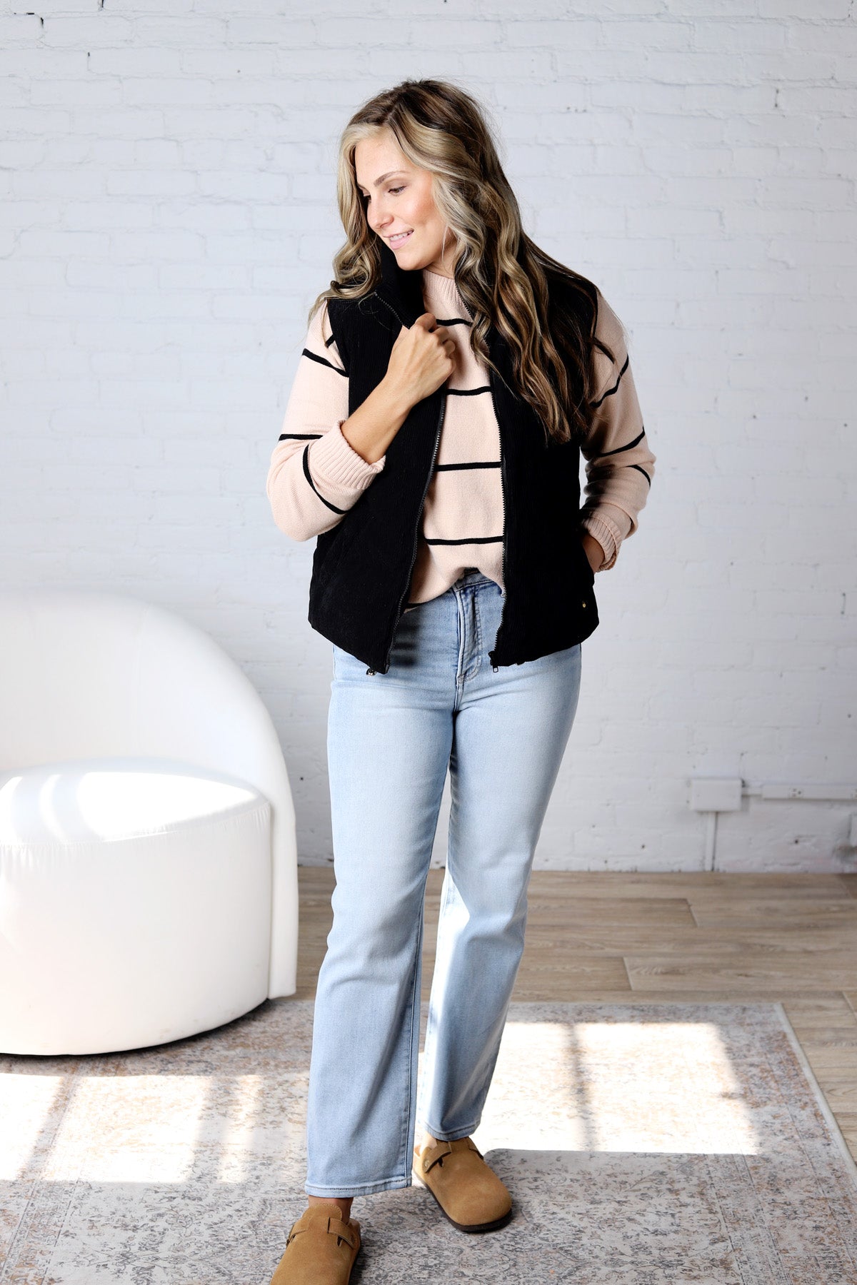 Elarae Stripe Crew Neck Sweater - Oatmeal/Black