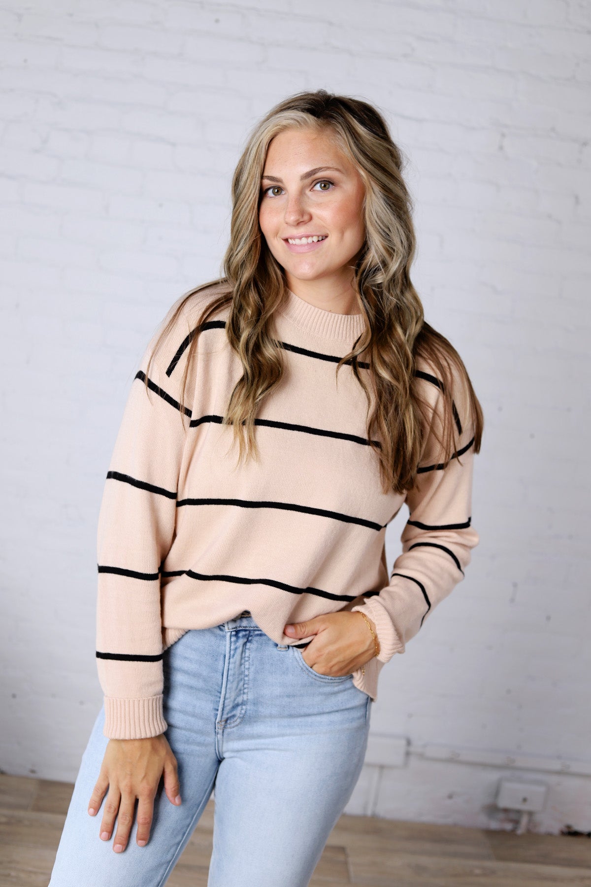 Elarae Stripe Crew Neck Sweater - Oatmeal/Black