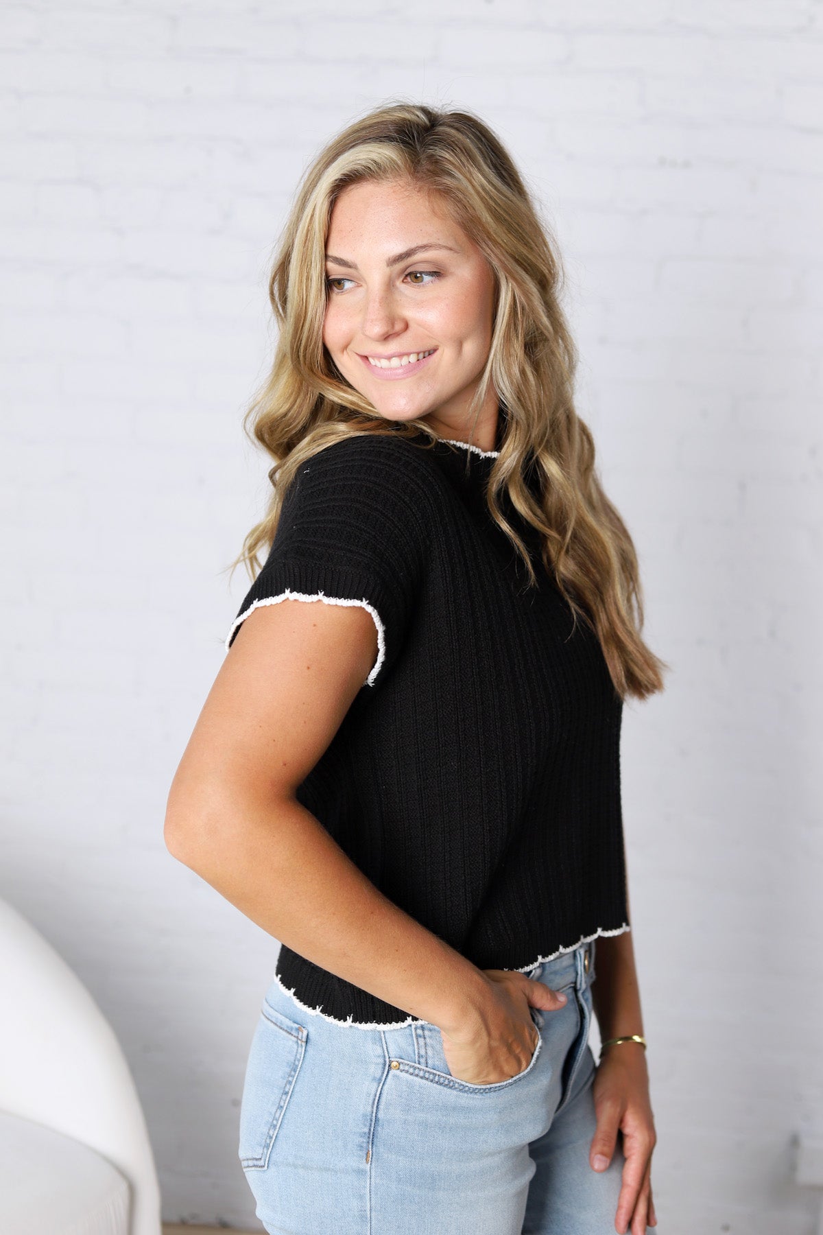 Elowen Textured Lightweight Dolman Sweater Top - Black/Ivory FINAL SALE