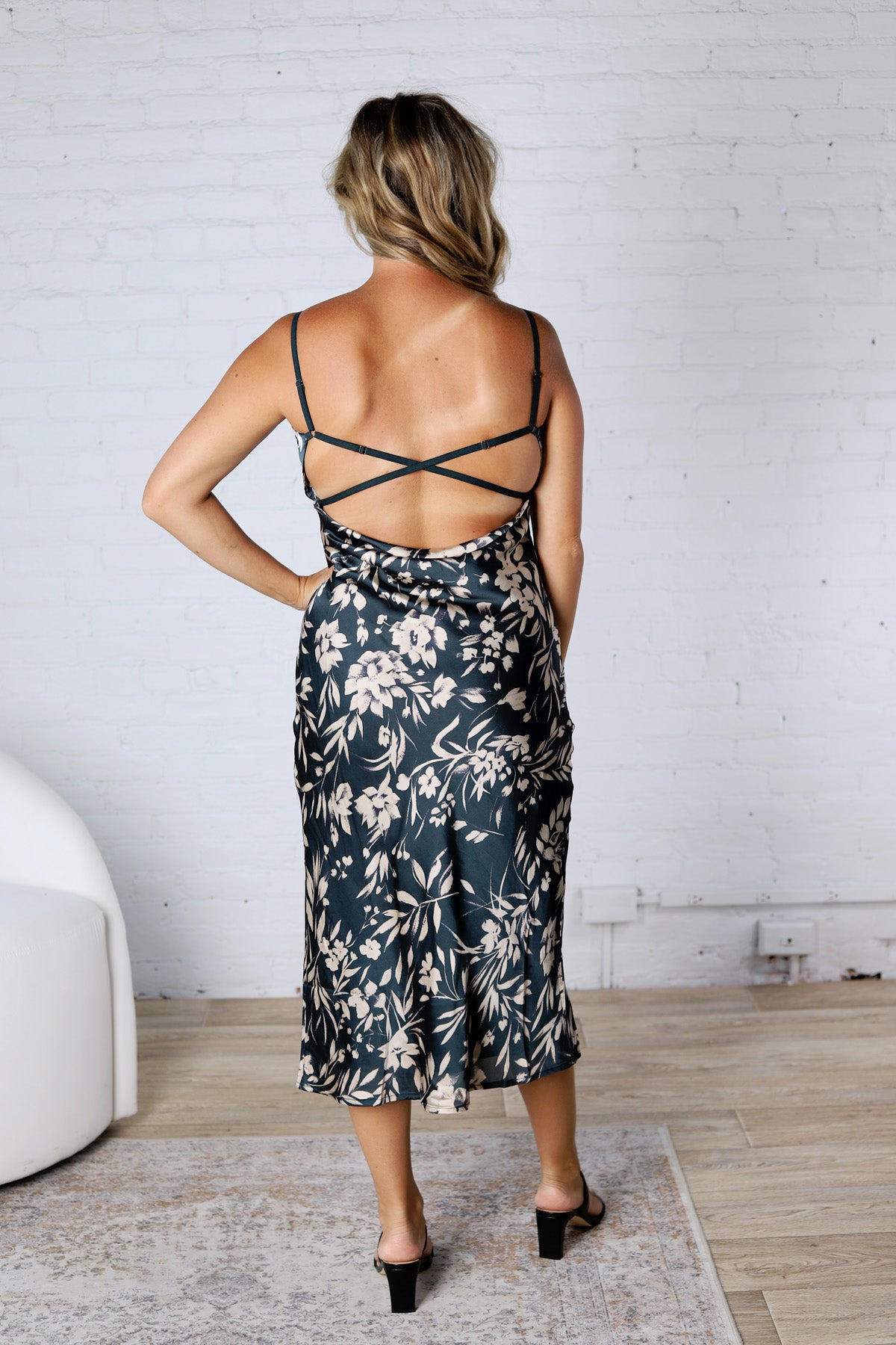 Floral Cowl Neck X Back Midi Dress - Teal