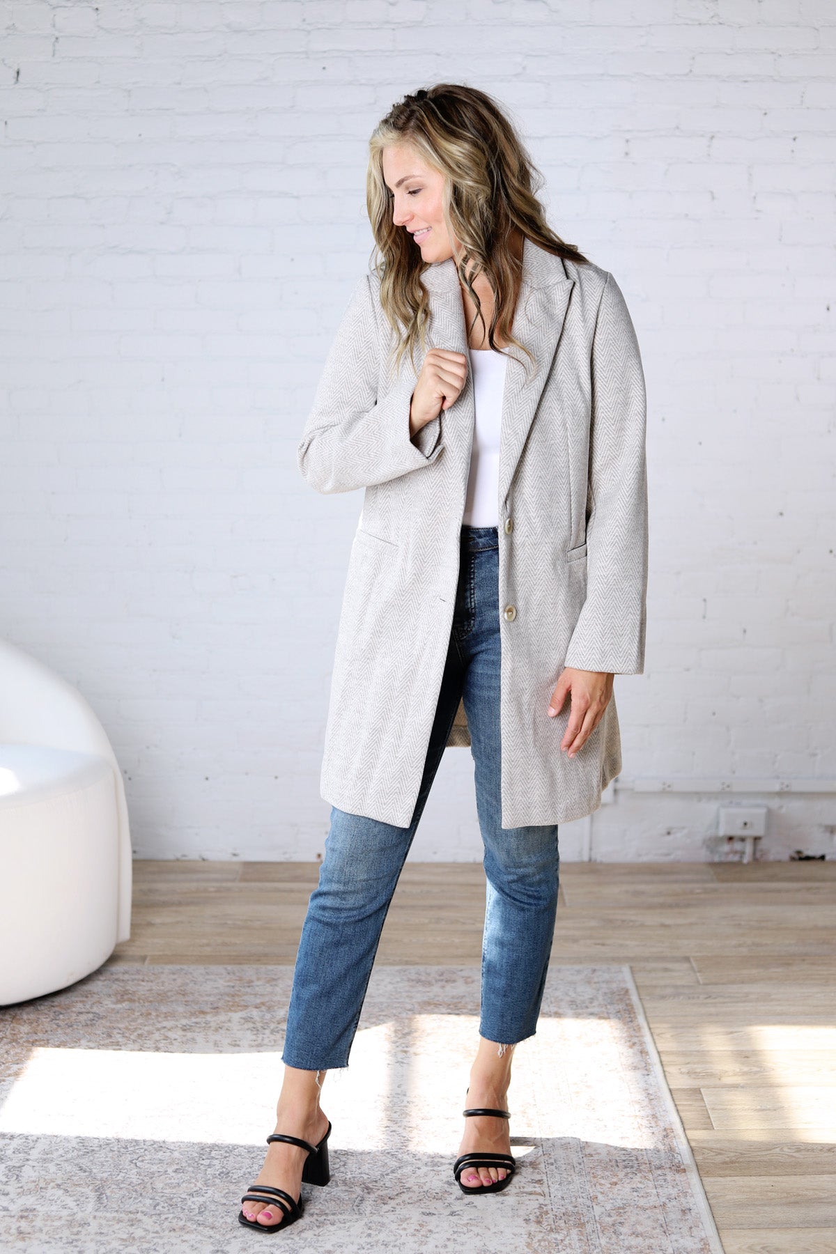 Galina Light Chevron Pattern Double Button Coat