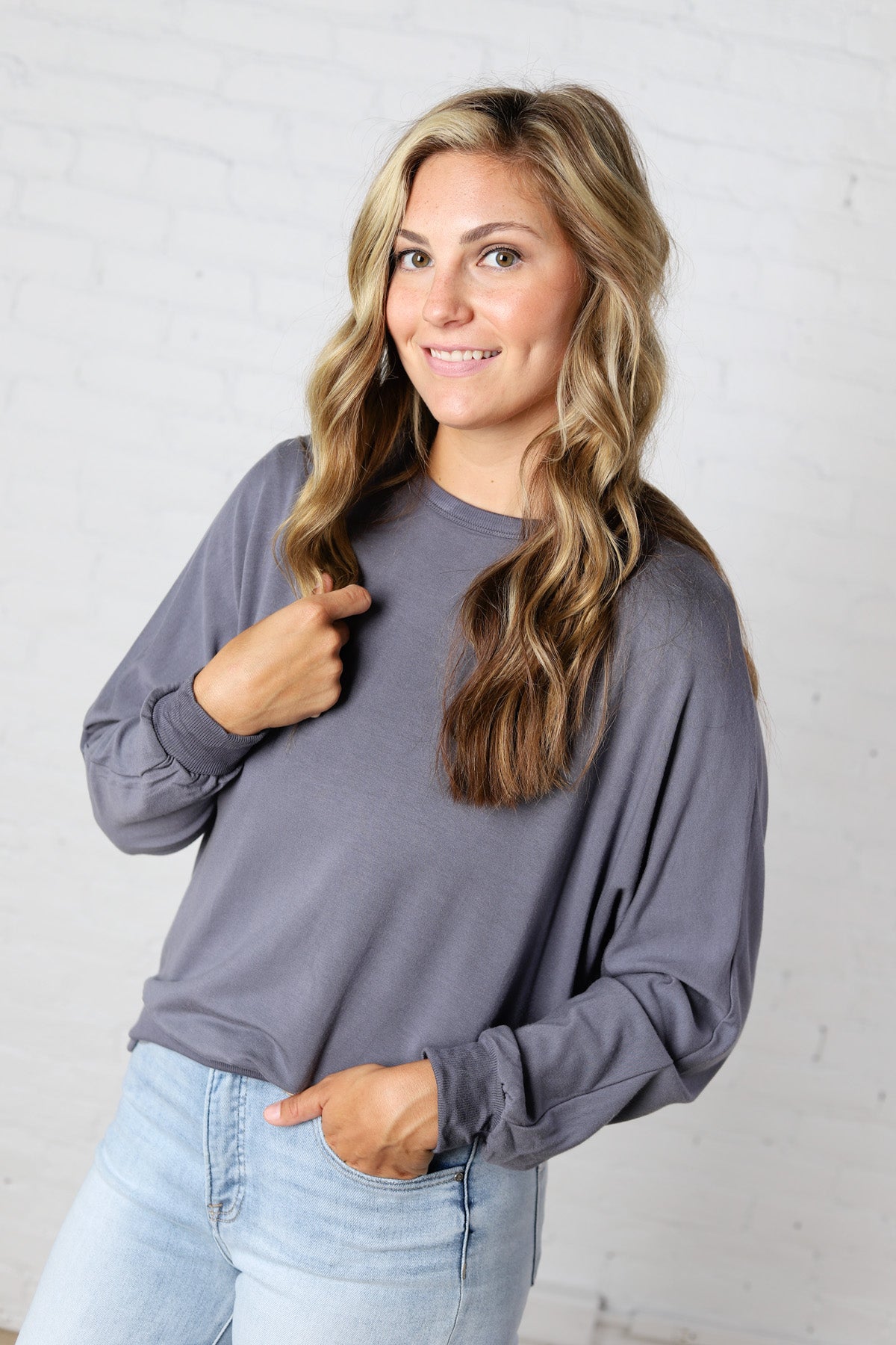 Haisley Modal Dorman Sleeve Top - Charcoal Blue