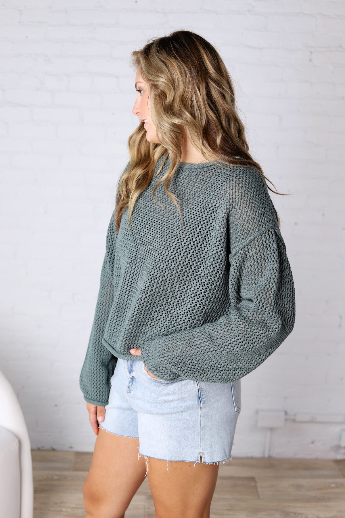 Halora Textured Knit Drop Shoulder Sweater - Ash Jade