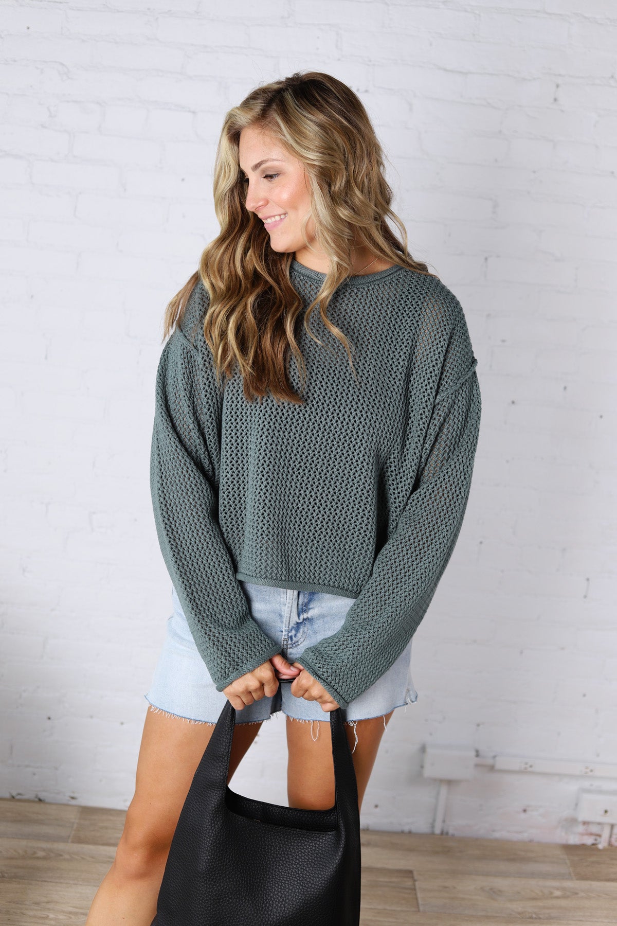 Halora Textured Knit Drop Shoulder Sweater - Ash Jade