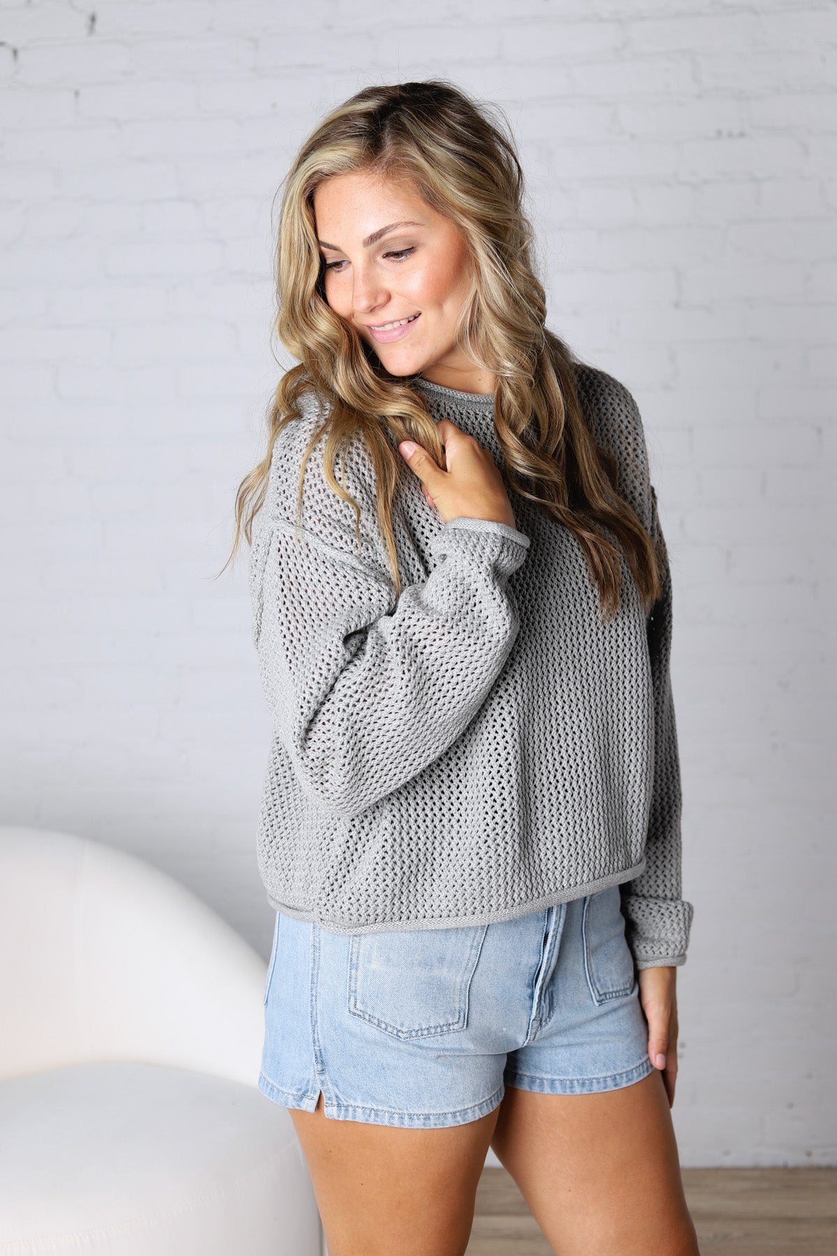 Halora Textured Knit Drop Shoulder Sweater - H. Grey