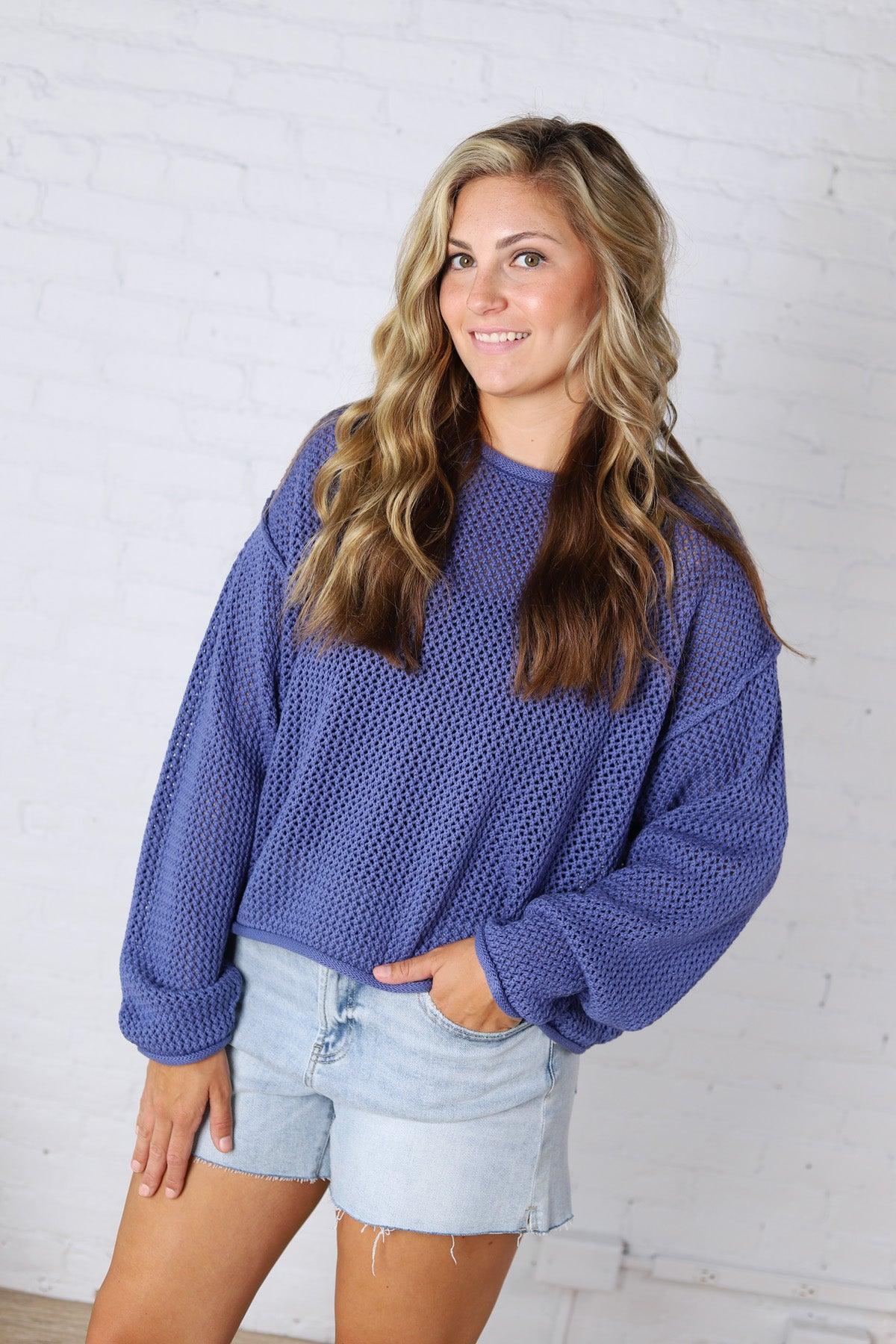 Halora Textured Knit Drop Shoulder Sweater - Marlin