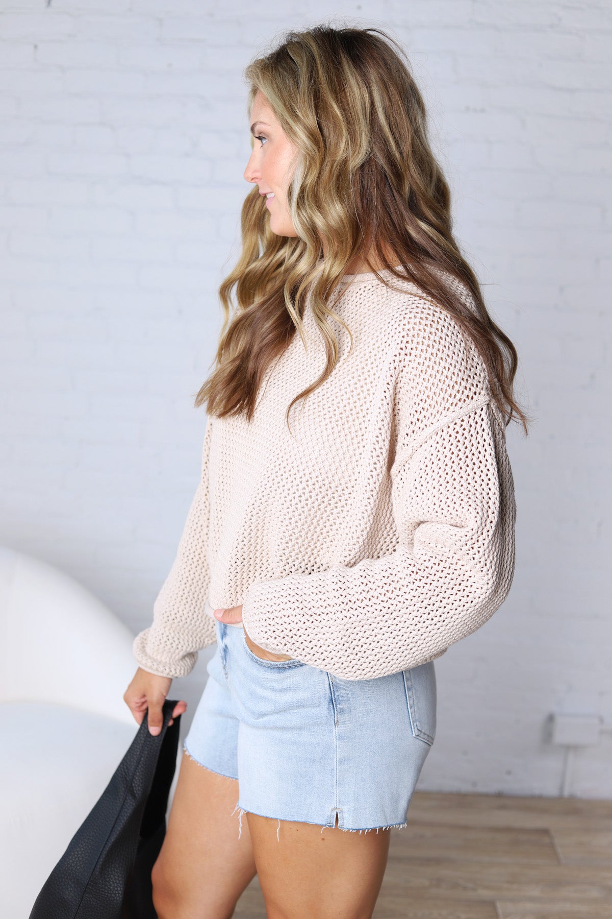Halora Textured Knit Drop Shoulder Sweater - Sand Beige