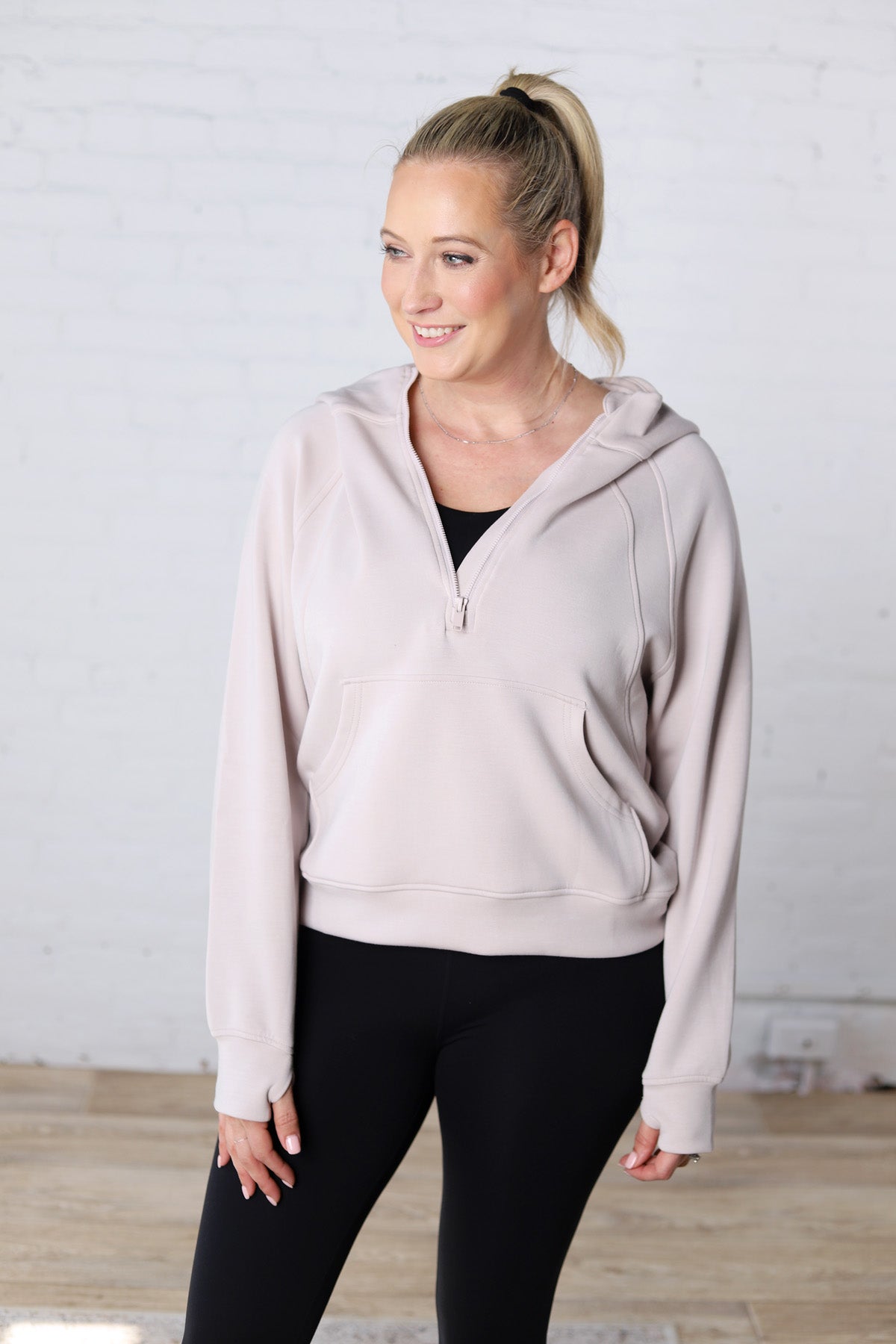 Harlen Modal Quarter Zip Hoodie Jacket - Mocha Cream