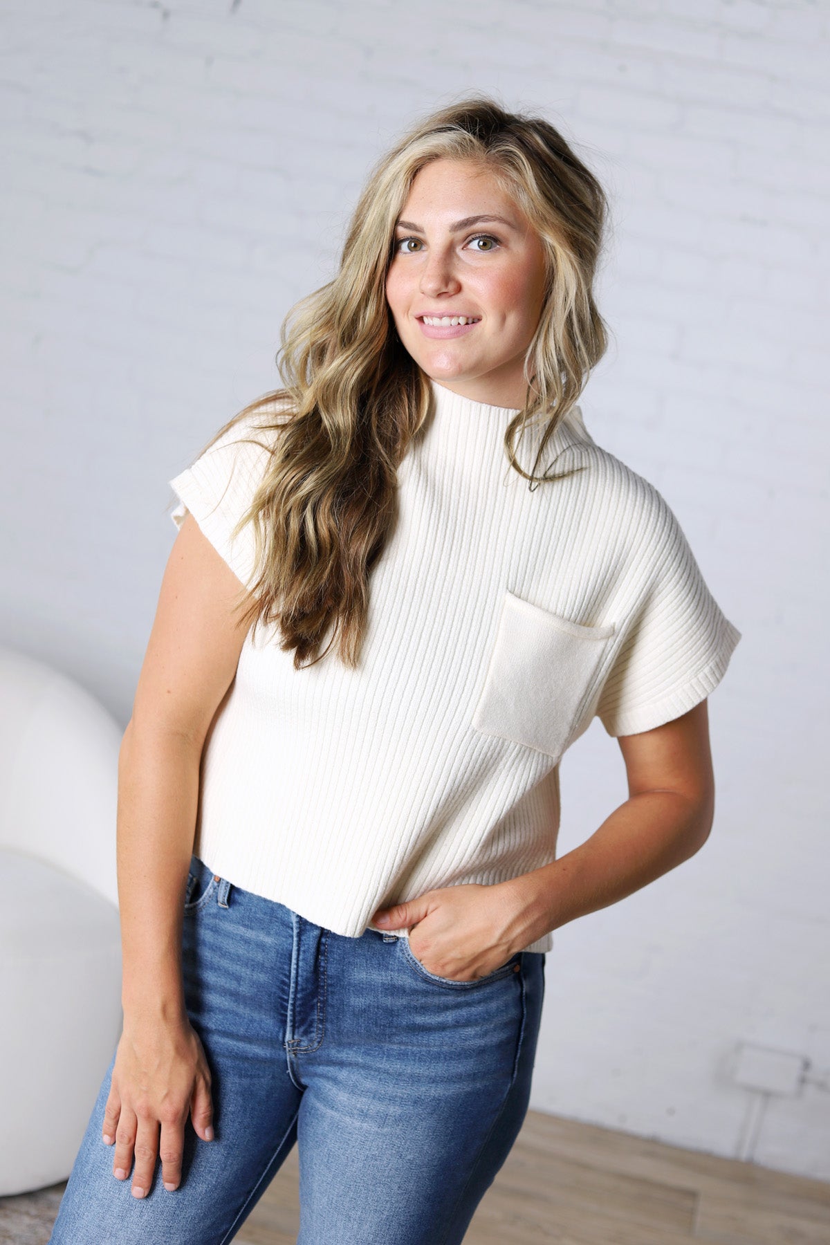 Hartlyn Ribbed Mock Neck Cap Sleeve Sweater - French Vanilla