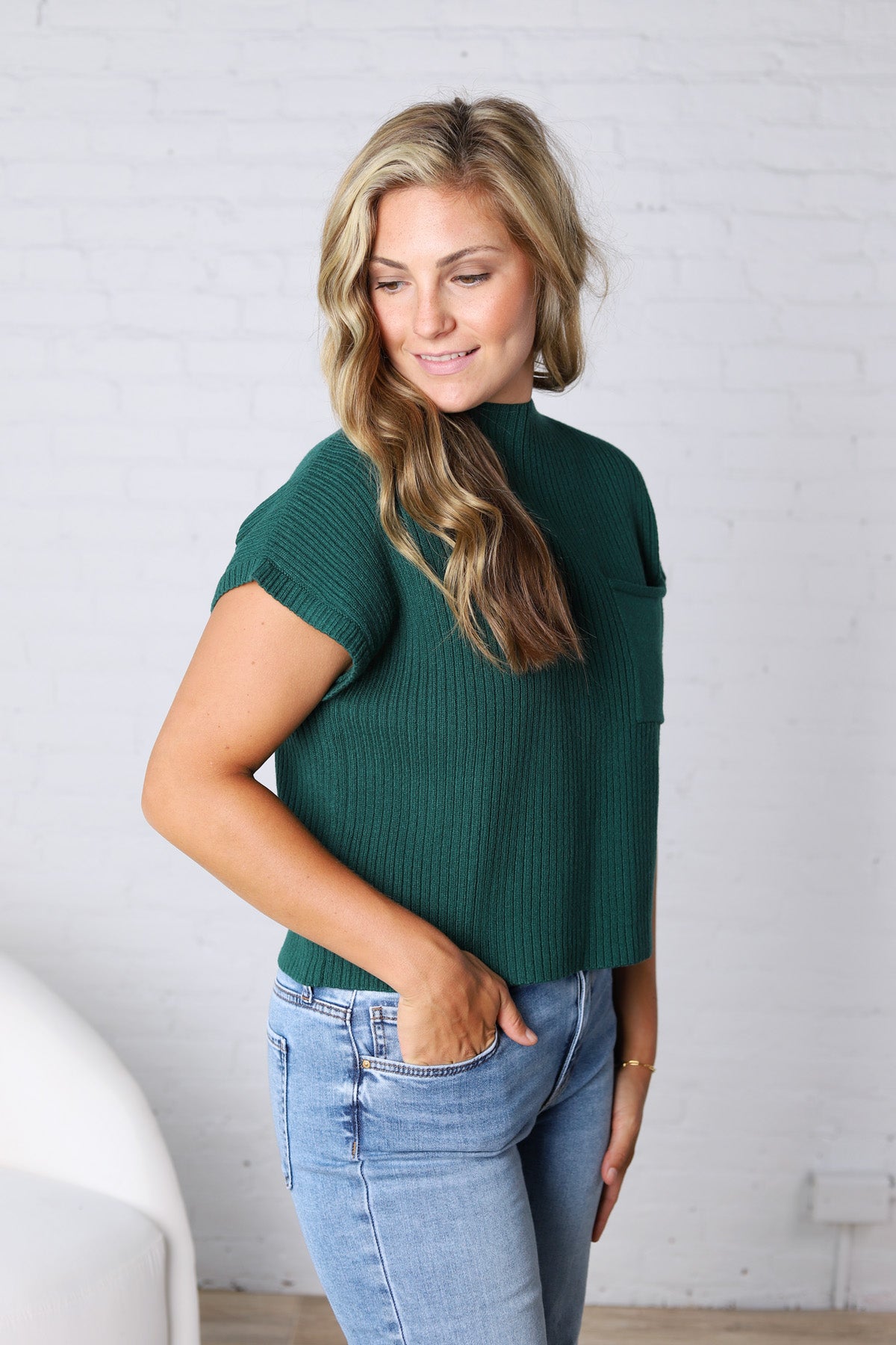 Hartlyn Ribbed Mock Neck Cap Sleeve Sweater - Hunter Green