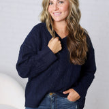 Finlee V-Neck Cable Knit Sweater - Navy