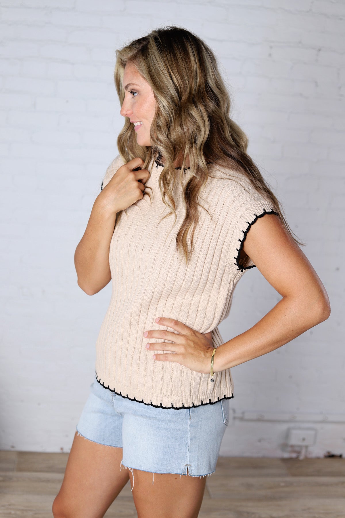 Ilaria Textured Knitted Sweater Top - Oatmeal/Black