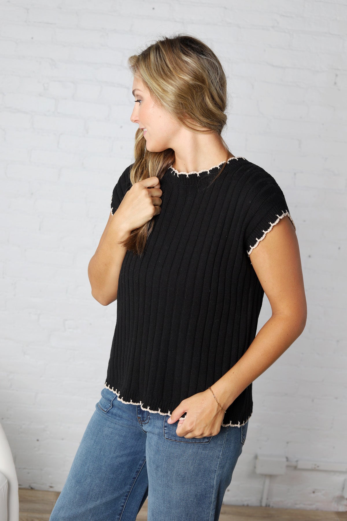 Ilaria Textured Stripe Knitted Sweater Top - Black/Oatmeal