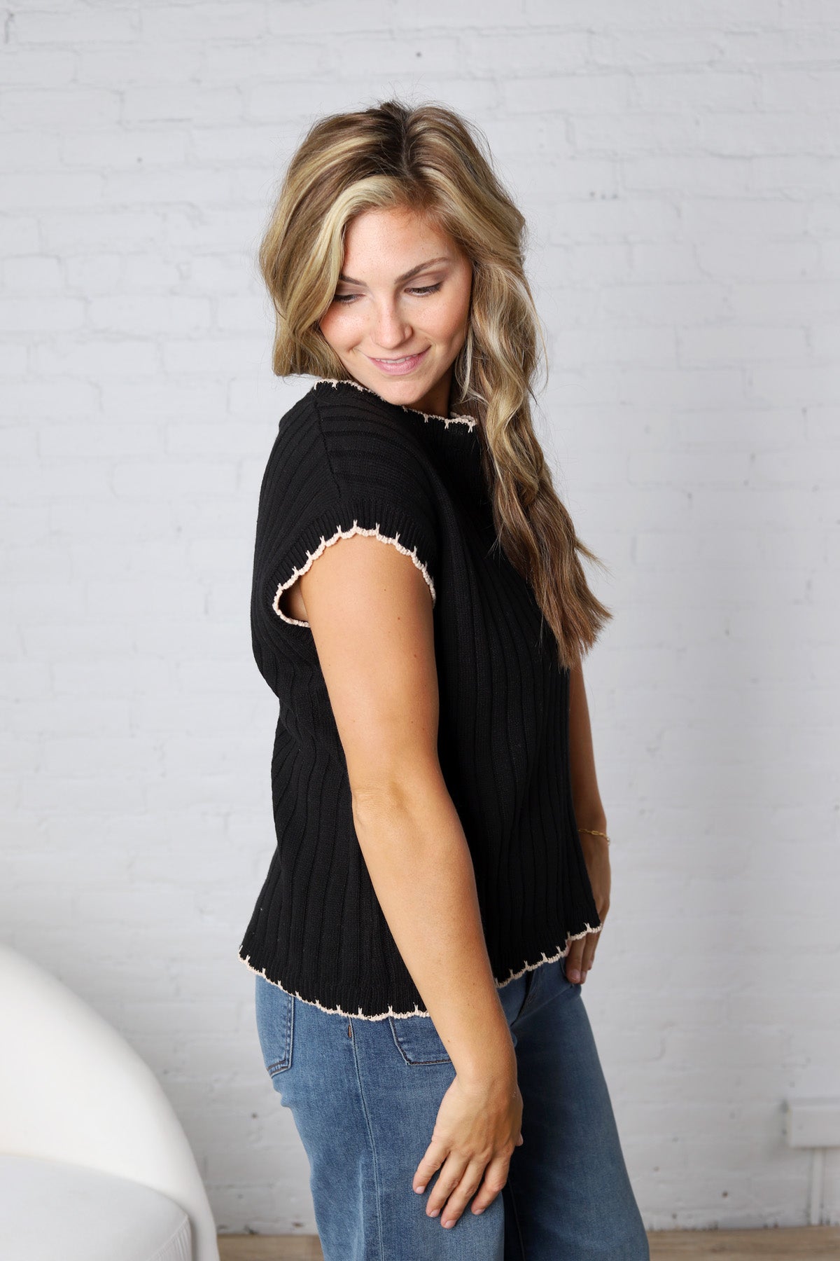 Ilaria Textured Stripe Knitted Sweater Top - Black/Oatmeal