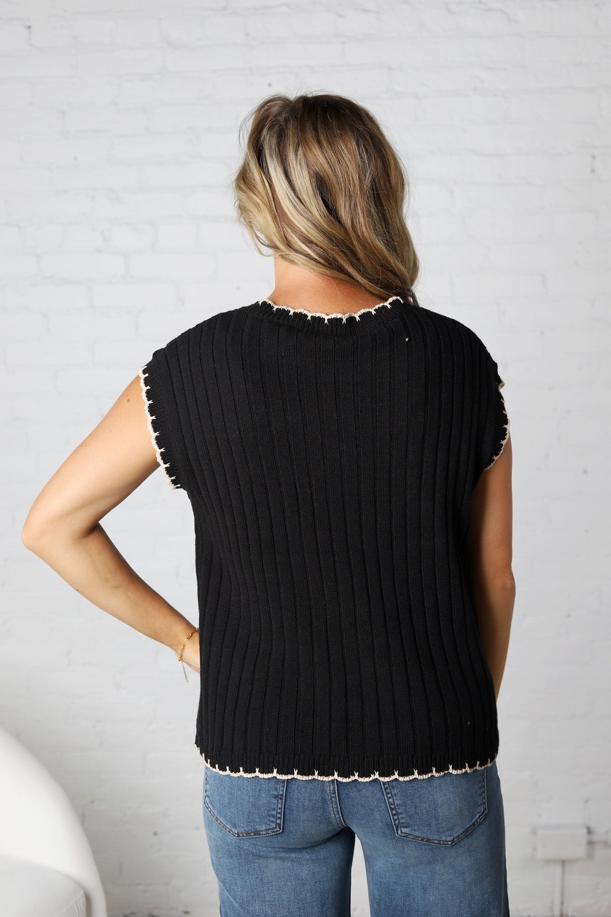 Ilaria Textured Stripe Knitted Sweater Top - Black/Oatmeal