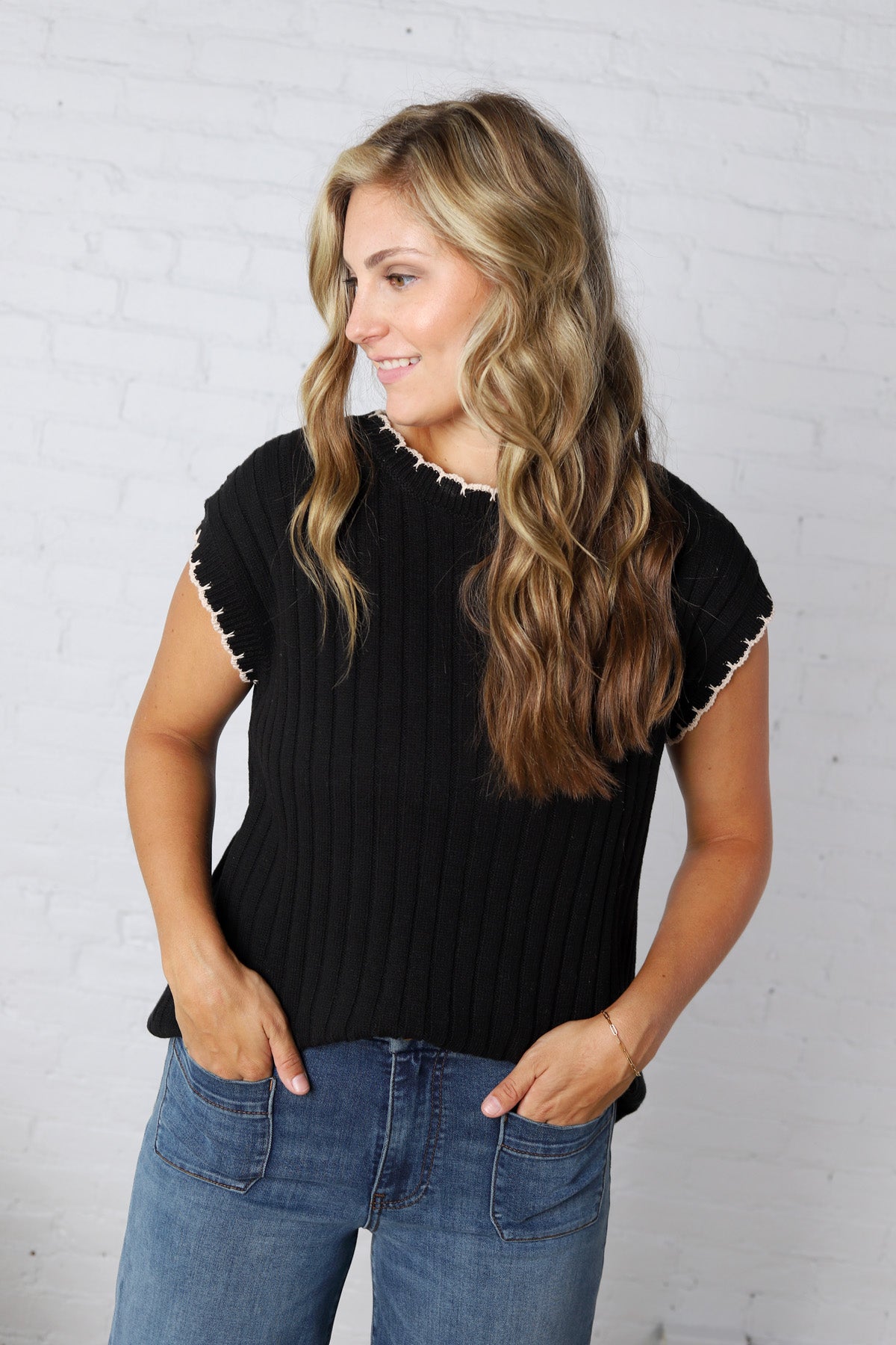 Ilaria Textured Stripe Knitted Sweater Top - Black/Oatmeal