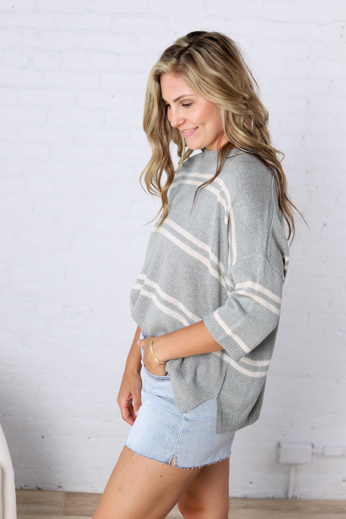 Ismena Drop Shoulder Striped Sweater Top - Jade