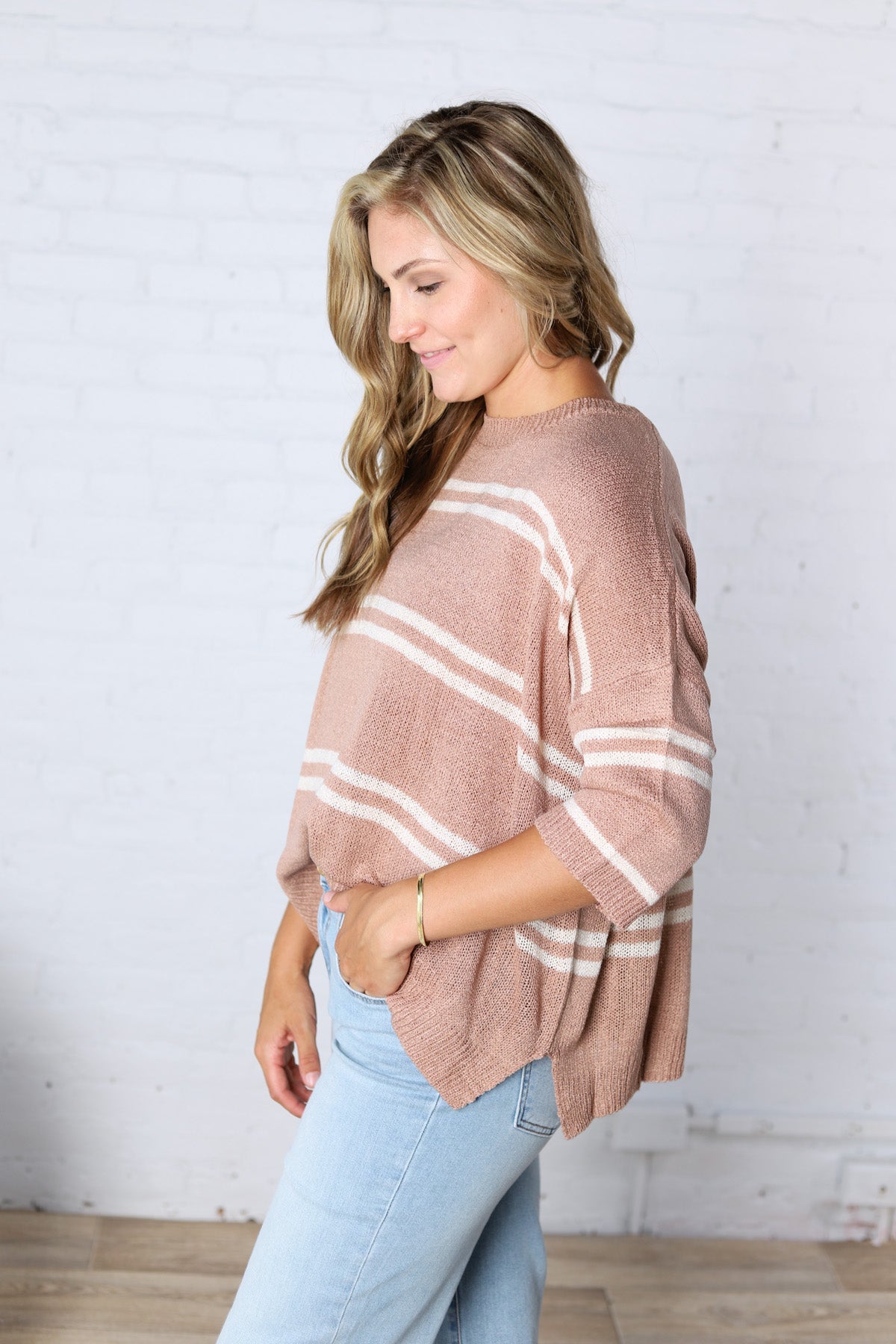 Ismena Drop Shoulder Striped Sweater Top - Taupe