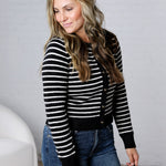 Joss Striped Crew Neck Cardigan - Black
