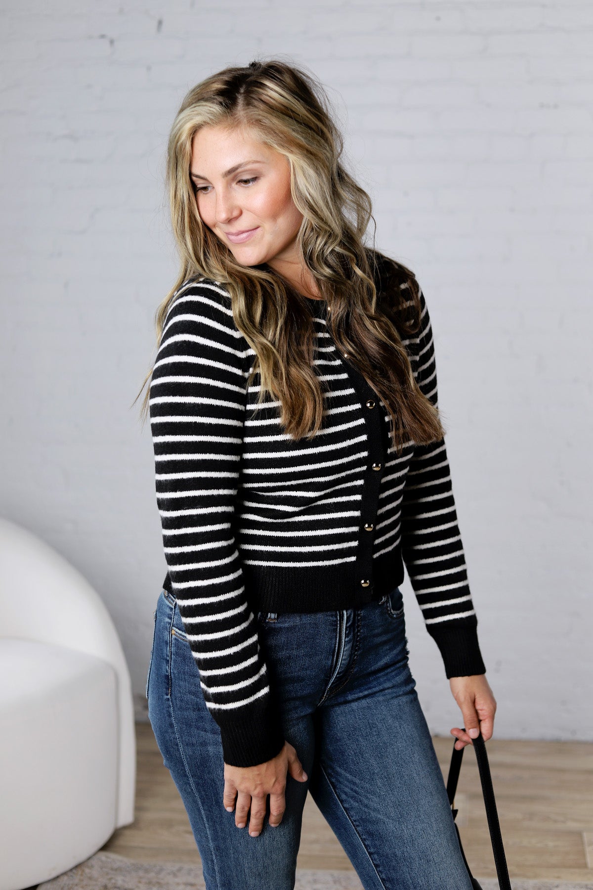 Joss Striped Crew Neck Cardigan - Black