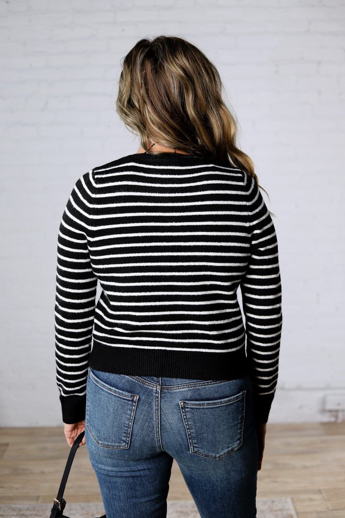 Joss Striped Crew Neck Cardigan - Black