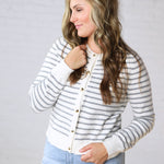 Joss Striped Crew Neck Cardigan - Ivory