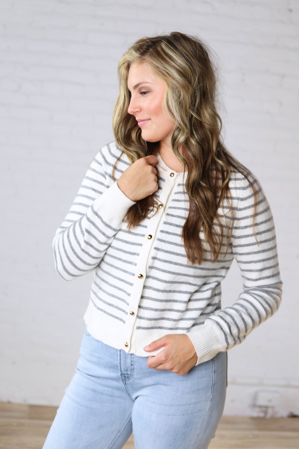 Joss Striped Crew Neck Cardigan - Ivory