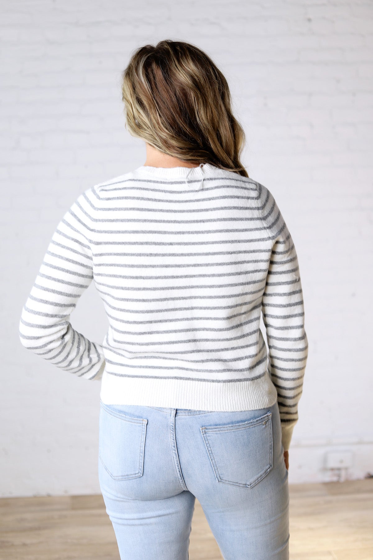 Joss Striped Crew Neck Cardigan - Ivory