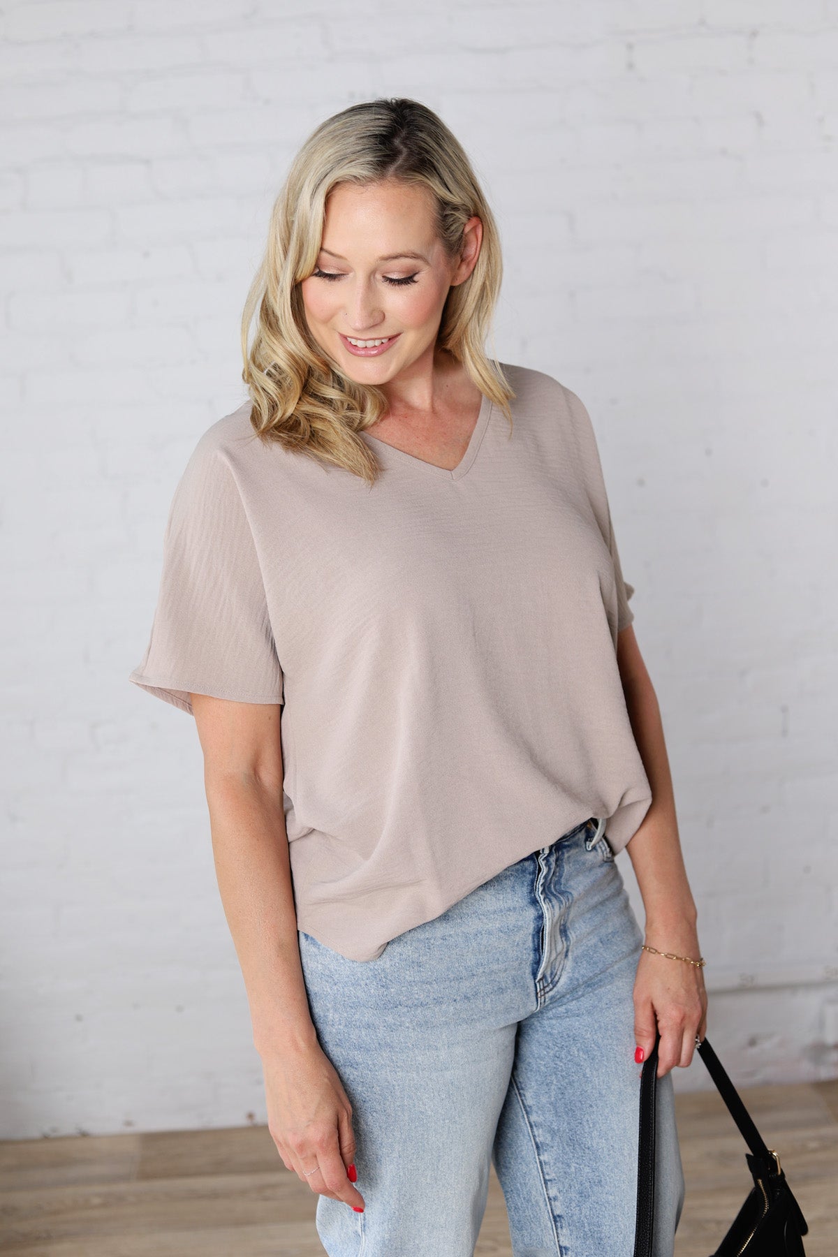 Kehlani Woven Airflow V-Neck Blouse - Sand Beige