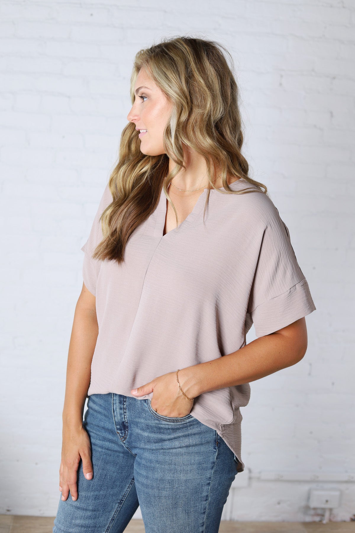 Kelira Split Neck Short Sleeve Top - Ash Mocha