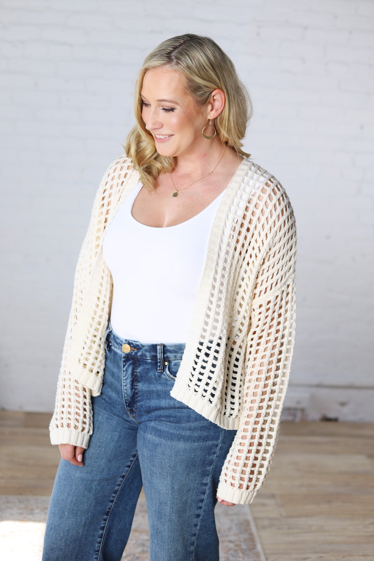 Kessia Crochet Fishnet Open Cardigan - Off White