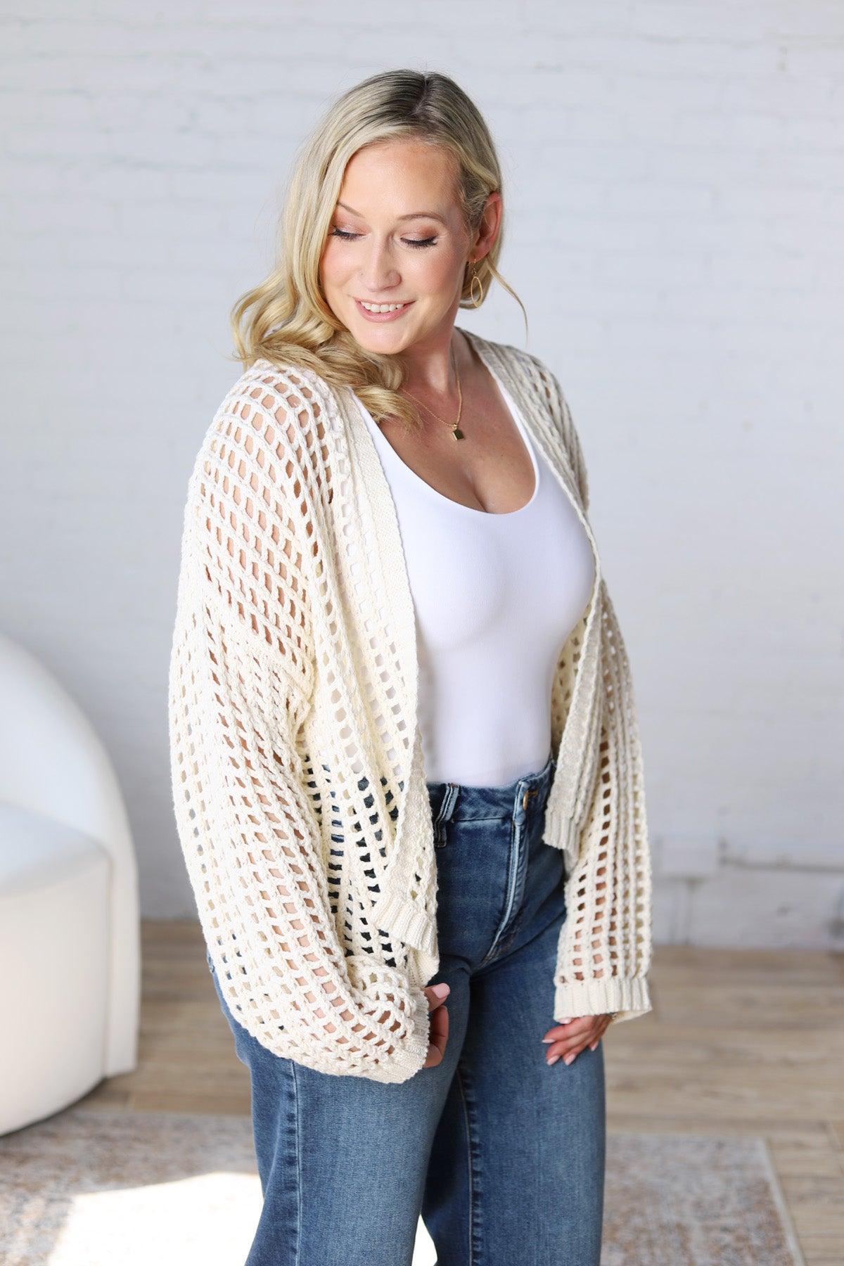 Kessia Crochet Fishnet Open Cardigan - Off White FINAL SALE