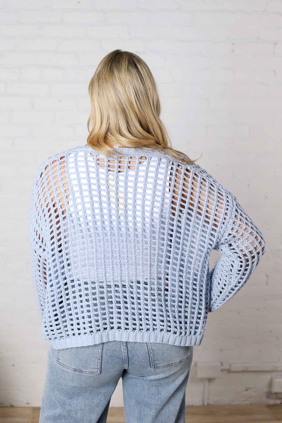 Kessia Crochet Fishnet Open Cardigan - Powder Blue FINAL SALE