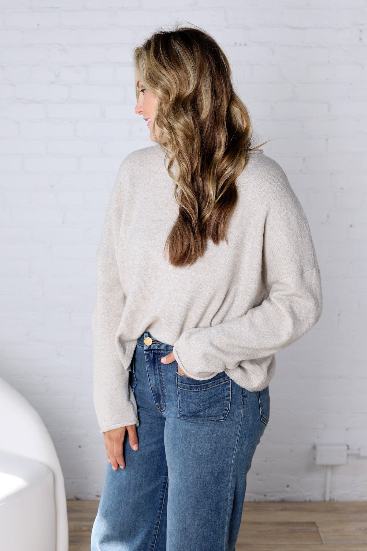 Luna Rolled Round Neck Knit Sweater - Heather Grey